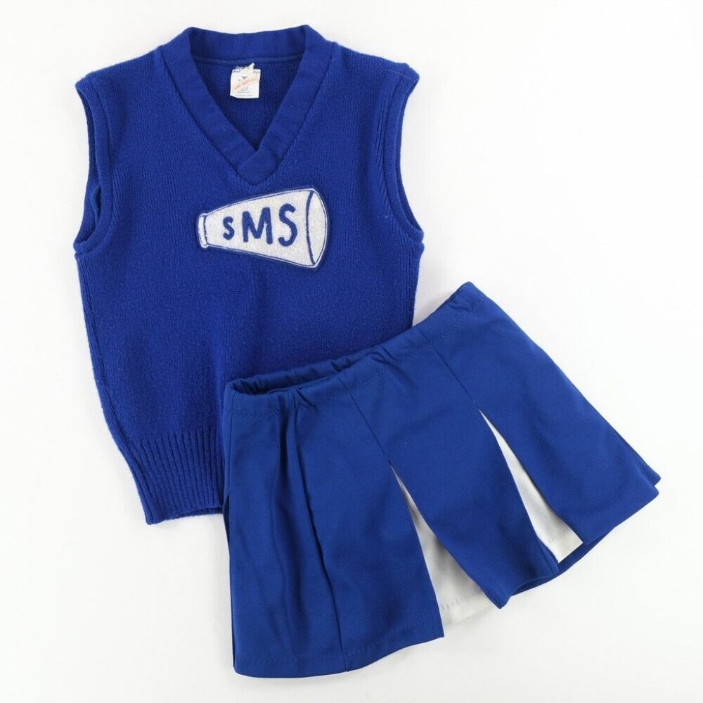 Vtg 70s School Spirit Cheerleading Wool Knit Uniform Blue Womens Sz S USA SMS